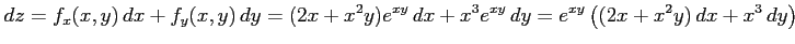 $\displaystyle dz=f_x(x,y)\,dx+f_y(x,y)\,dy= (2x+x^2y)e^{xy}\,dx+x^3e^{xy}\,dy = e^{xy}\left( (2x+x^2y)\,dx+x^3\,dy \right)$