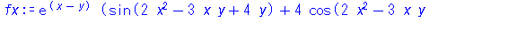 exp(x-y)*(sin(2*x^2-3*x*y+4*y)+4*cos(2*x^2-3*x*y+4*y)*x-3*cos(2*x^2-3*x*y+4*y)*y)